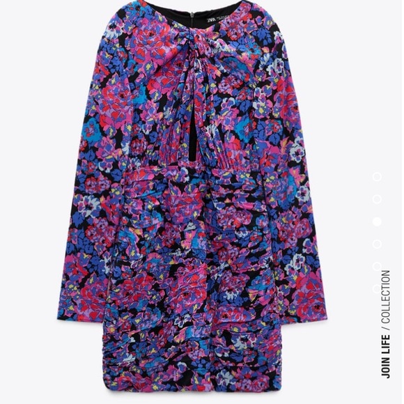 NWT Zara floral long sleeve ruched skirt draped mini dress xs - Picture 6 of 16